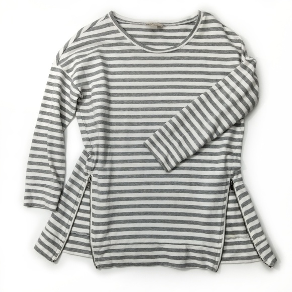 LOFT Tops - Loft Gray and White Striped Cotton Front Zip Top